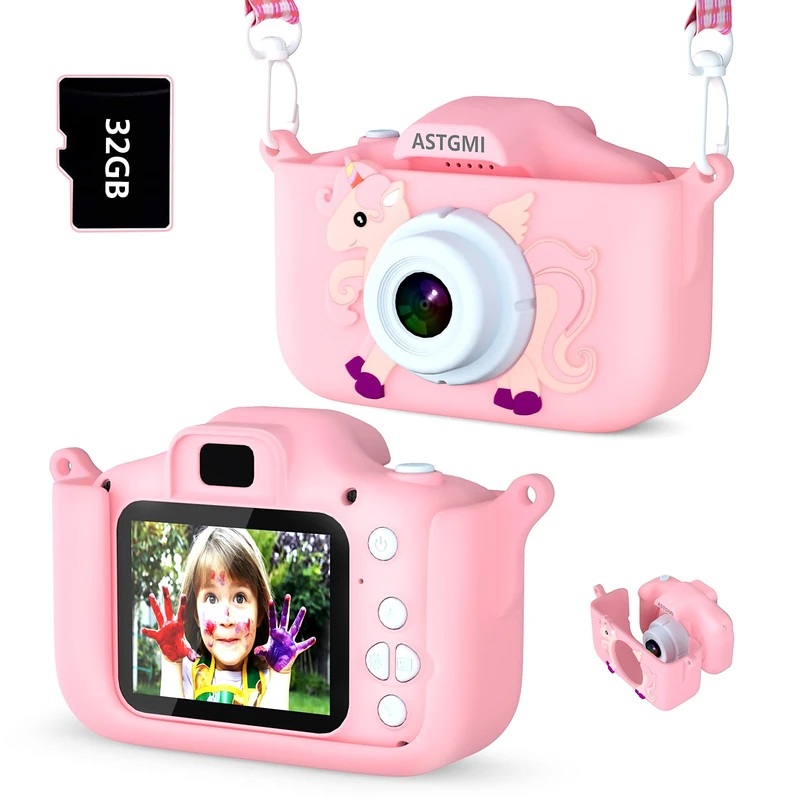 ASTGMI Children's Camera, 2.0 Inch Children's Digital Camera, Mini Camera Child Rechargeable Camcorder Gift Toy Girls, Boys, 3-10 Years Old, 1080p HD Video, 32G SD Card (Pink) - Image 1