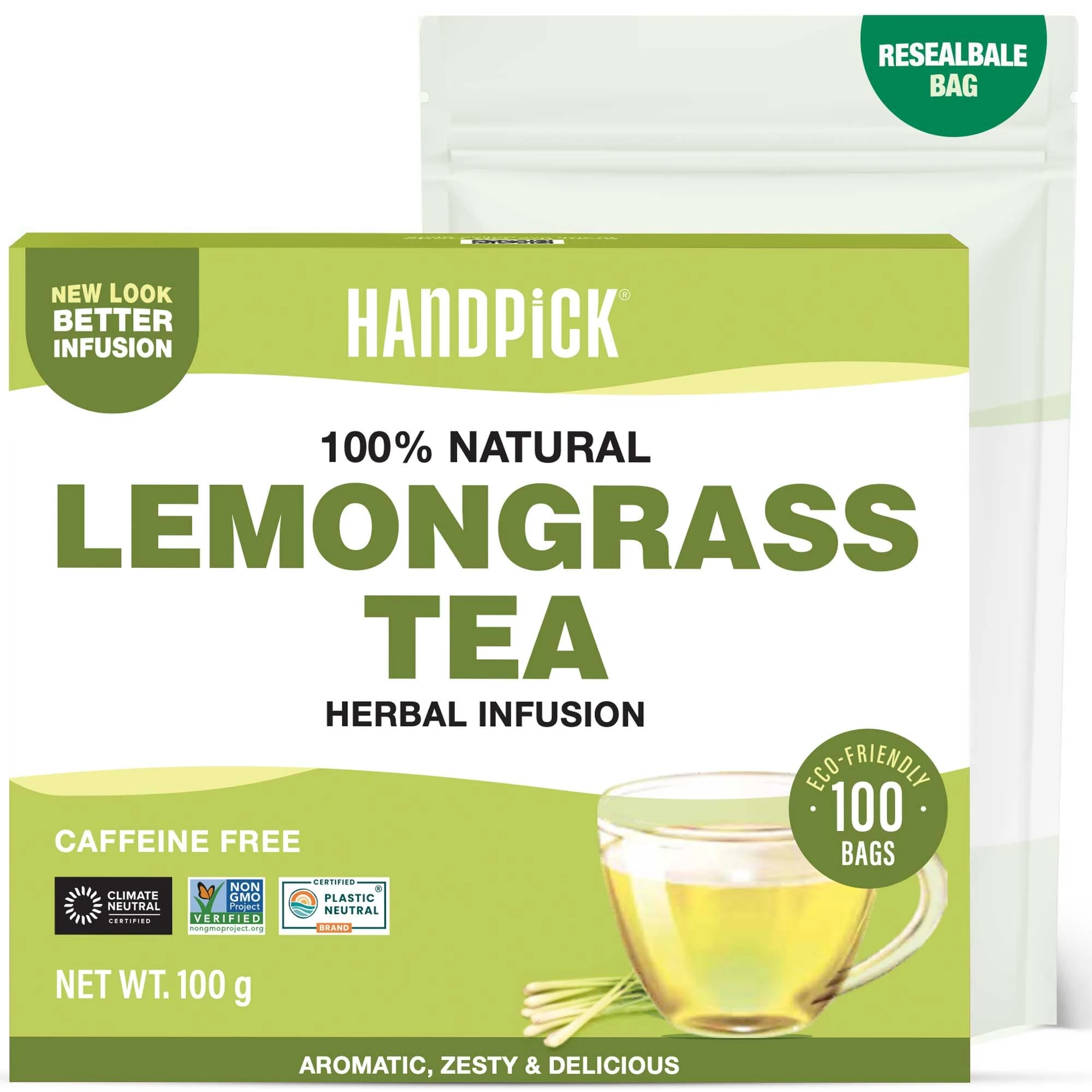 HANDPICK, Lemongrass Tea Bags (100 Count) Non-GMO, Caffeine Free - Quality Lemongrass Herbal Tea- Eco-conscious Round Tea Bags | Brew Hot or Iced Tea