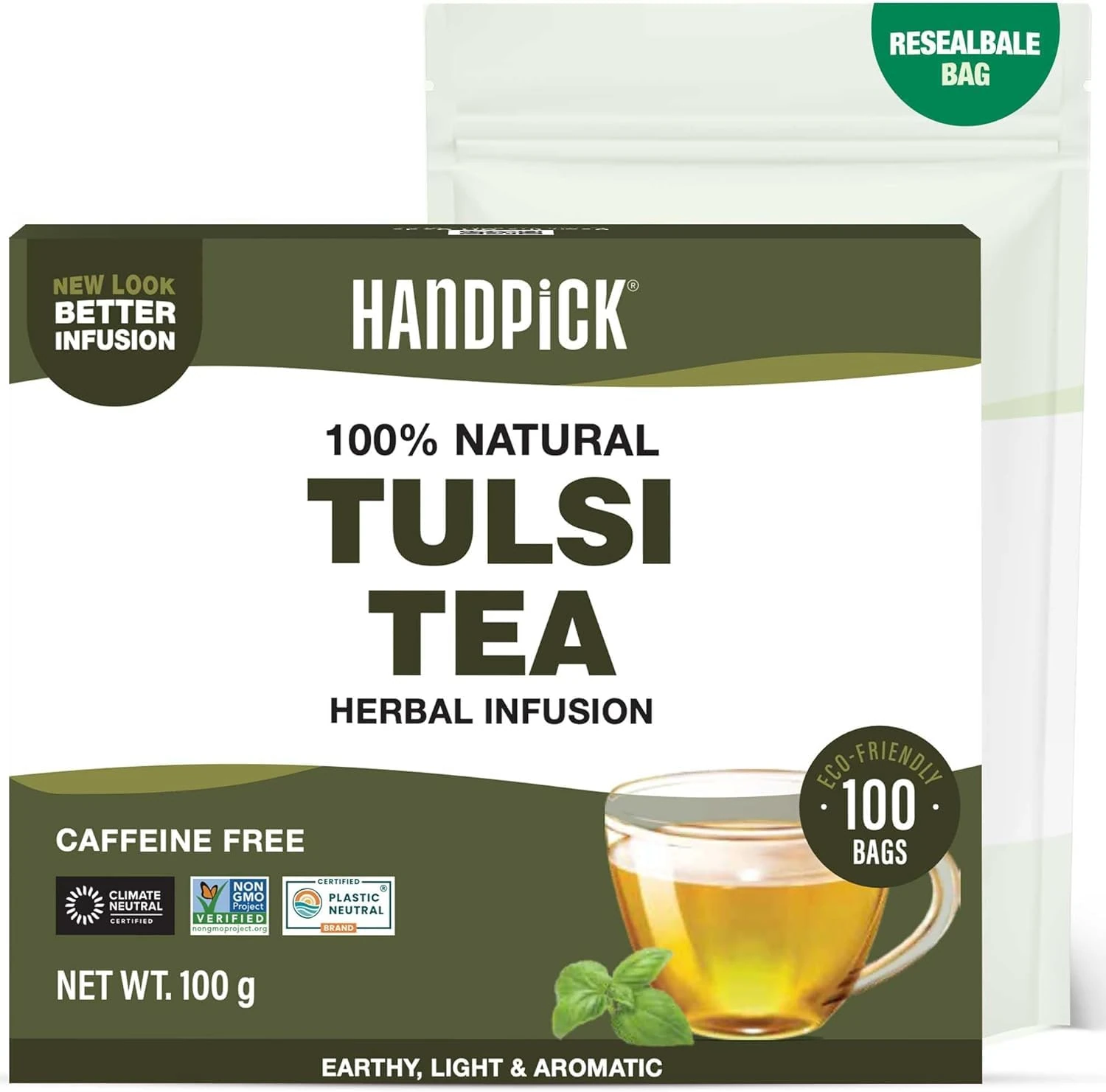 HANDPICK, Holy Basil Tea Bags (100 Count) Caffeine Free, Non-GMO Tulsi Leaves- Tulsi Tea | Round Herbal Tea Bags