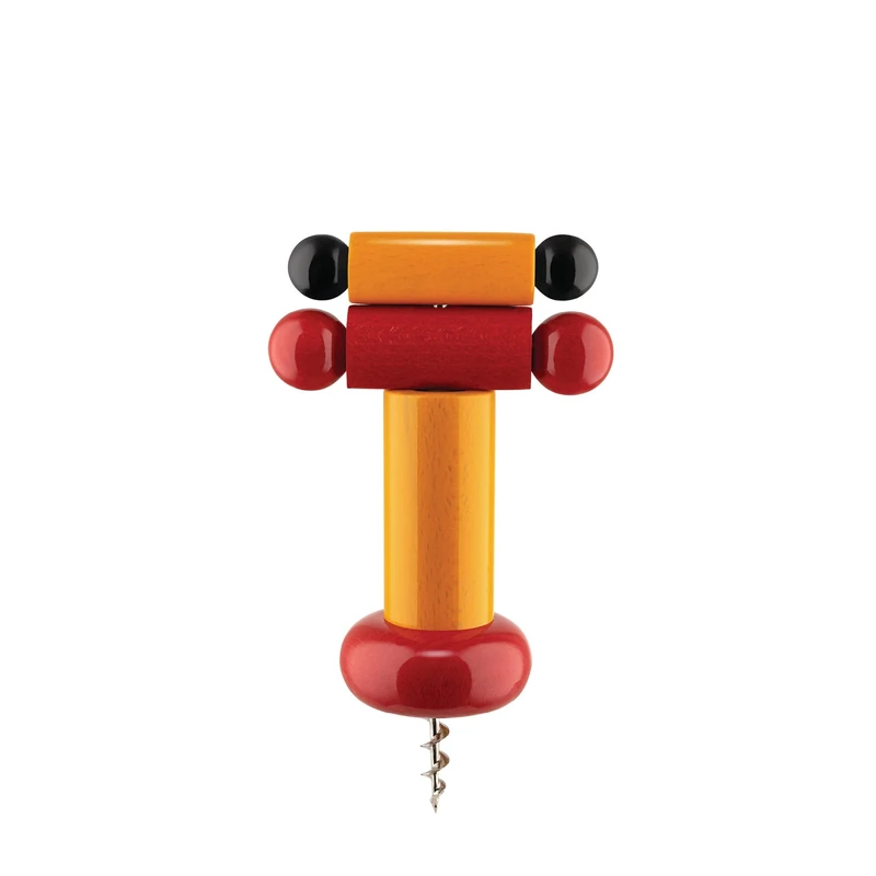 Alessi un Brindisi Disegnato ad Arte ES17 - Design Corkscrew in Beech Wood, Yellow, Red and Black