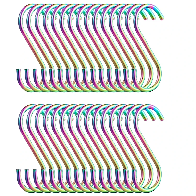 Evanda Rainbow S Hooks - 30 Pack Heavy Duty Stainless Steel Hooks for Kitchen, Bathroom, Outdoor, Garden, Office, Hanging Pan, Pot, Cups, Utensils, Clothes, Bags, Towels, Plants