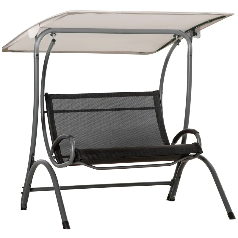 Outsunny 2 Seater Garden Swing Seat Double Bed Swing Chair Outdoor Hammock Bench w/Adjustable Tilting Canopy, Texteline Seats and Steel Frame, Beige