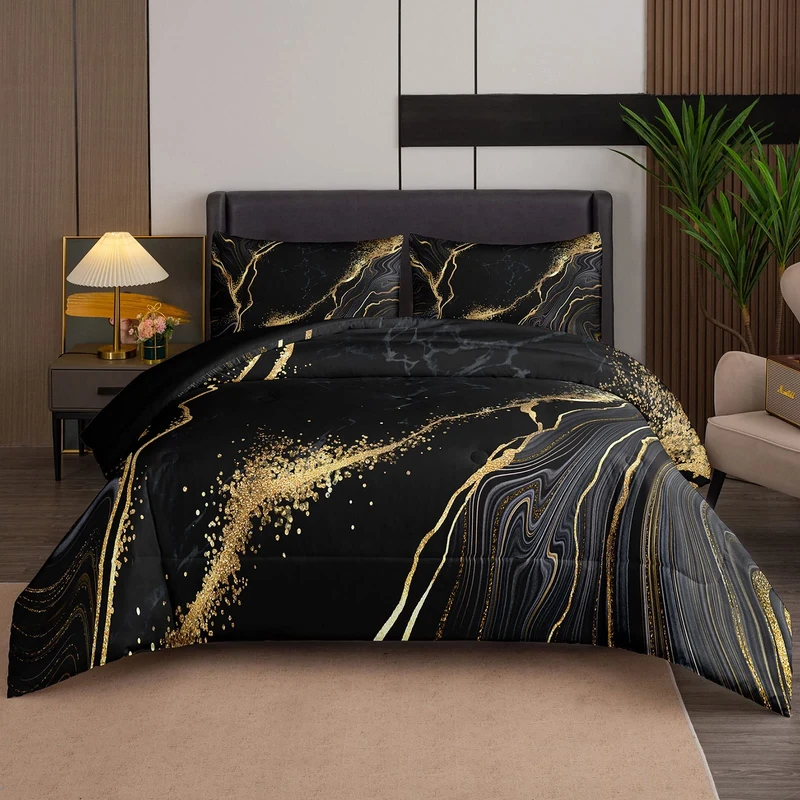 Tailor Shop Marble Bedding Set Soft Microfiber Black and Gold Comforter Set King Size for Kids Men and Women with 1 Marble Comforter and 2 Pillowcases……