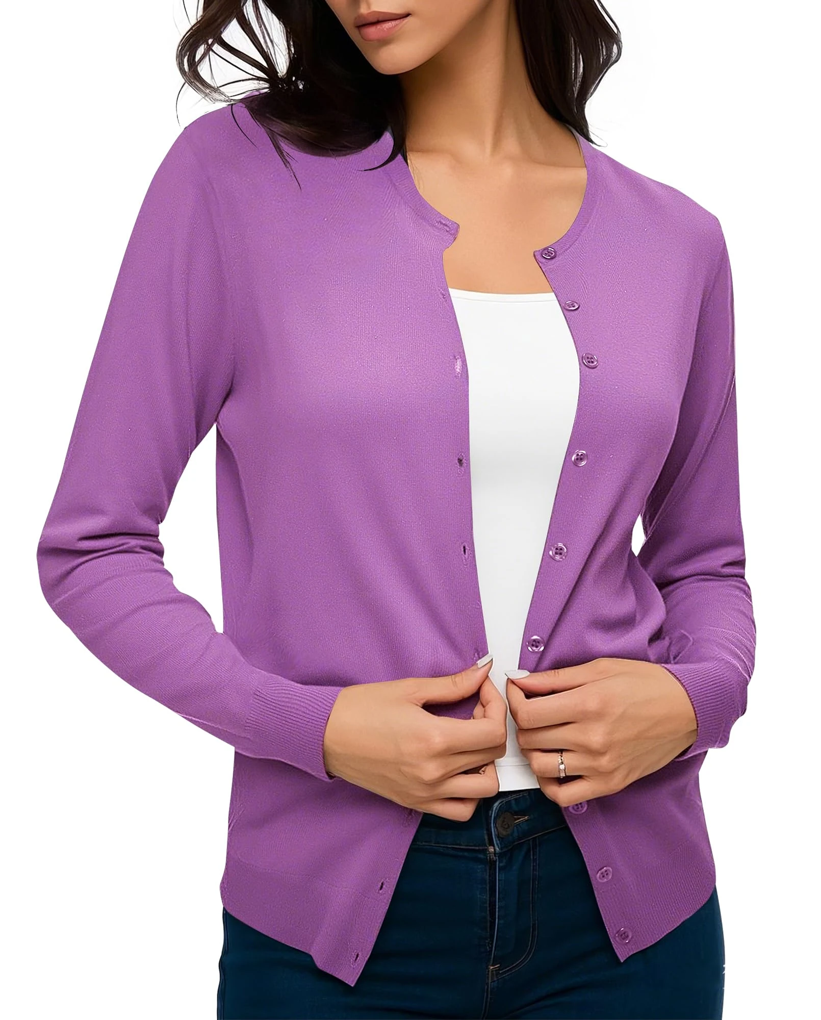 Urban CoCo Women's Long Sleeve Crew Neck Button Down Knitwear Cardigan Sweater, Light Purple, X-Large