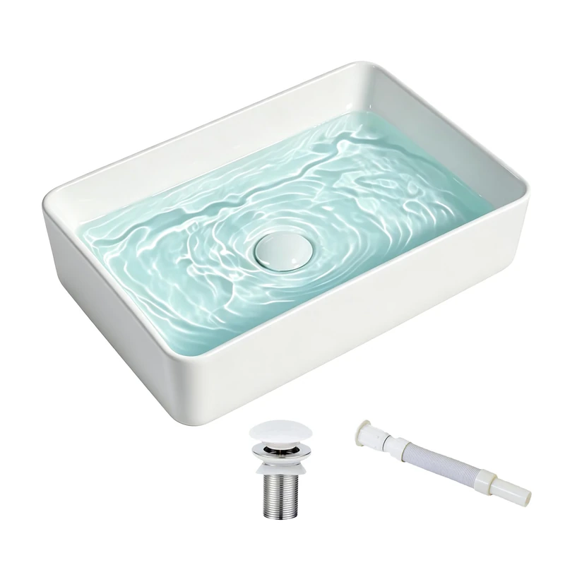 20" x 13.5" Rectangular Vessel Sink for Bathroom - KINGWONG Above Counter White Ceramic Porcelain Vanity Sink, Shallow Depth 4.3", No Overflow Hole, Top Mount Bathroom Basin for Modern Home