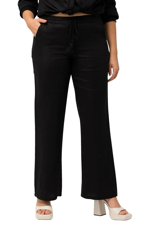 Ulla Popken Women's Linen Trousers, Black, 45W x 32L