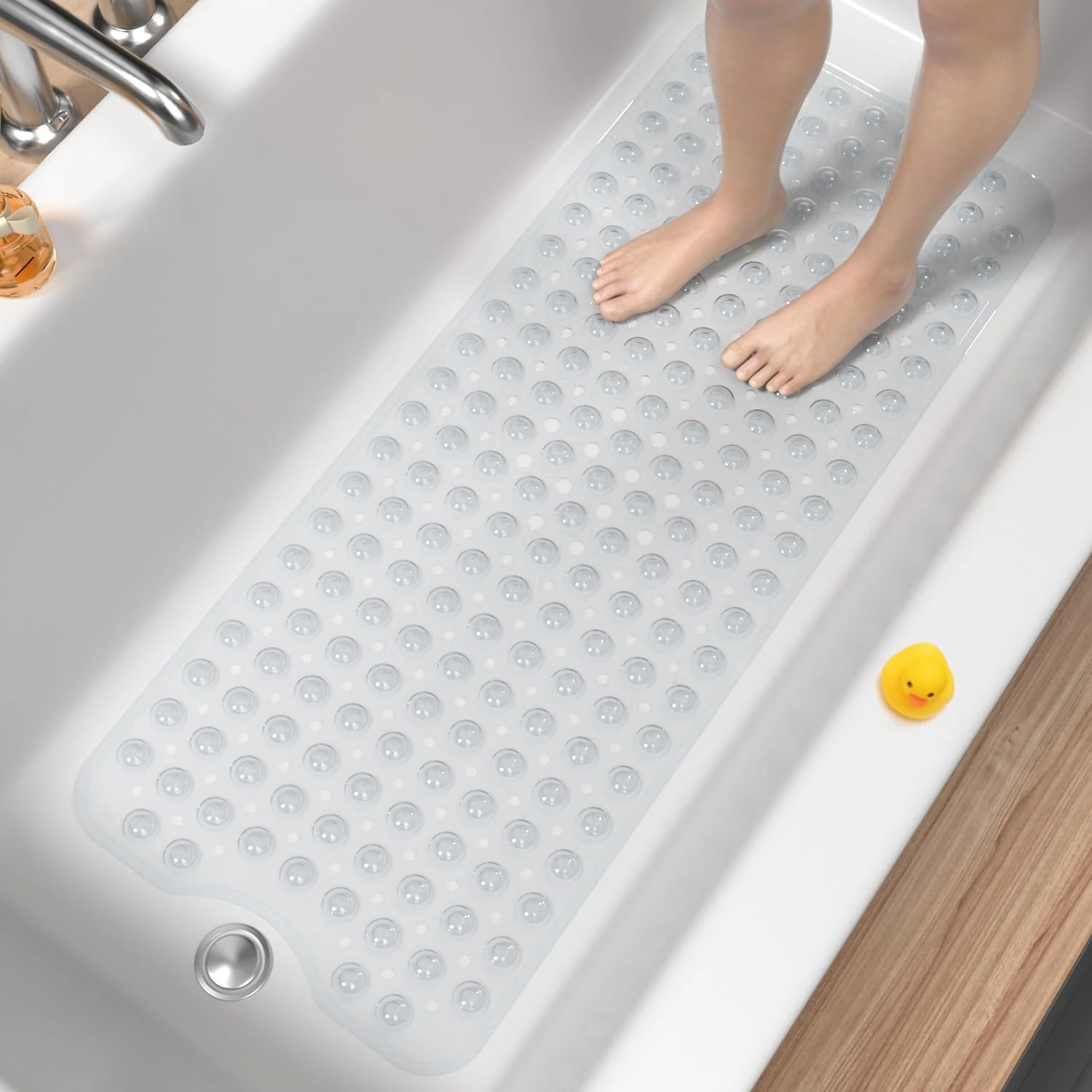 HITSLAM Non Slip Bath Mat for Tub, 101 x 40cm Extra Long Shower Mat Anti Mould, Machine Washable Bathroom Bathtub Mat with Suction Cups and Drain Holes, Soft on Feet, Clear