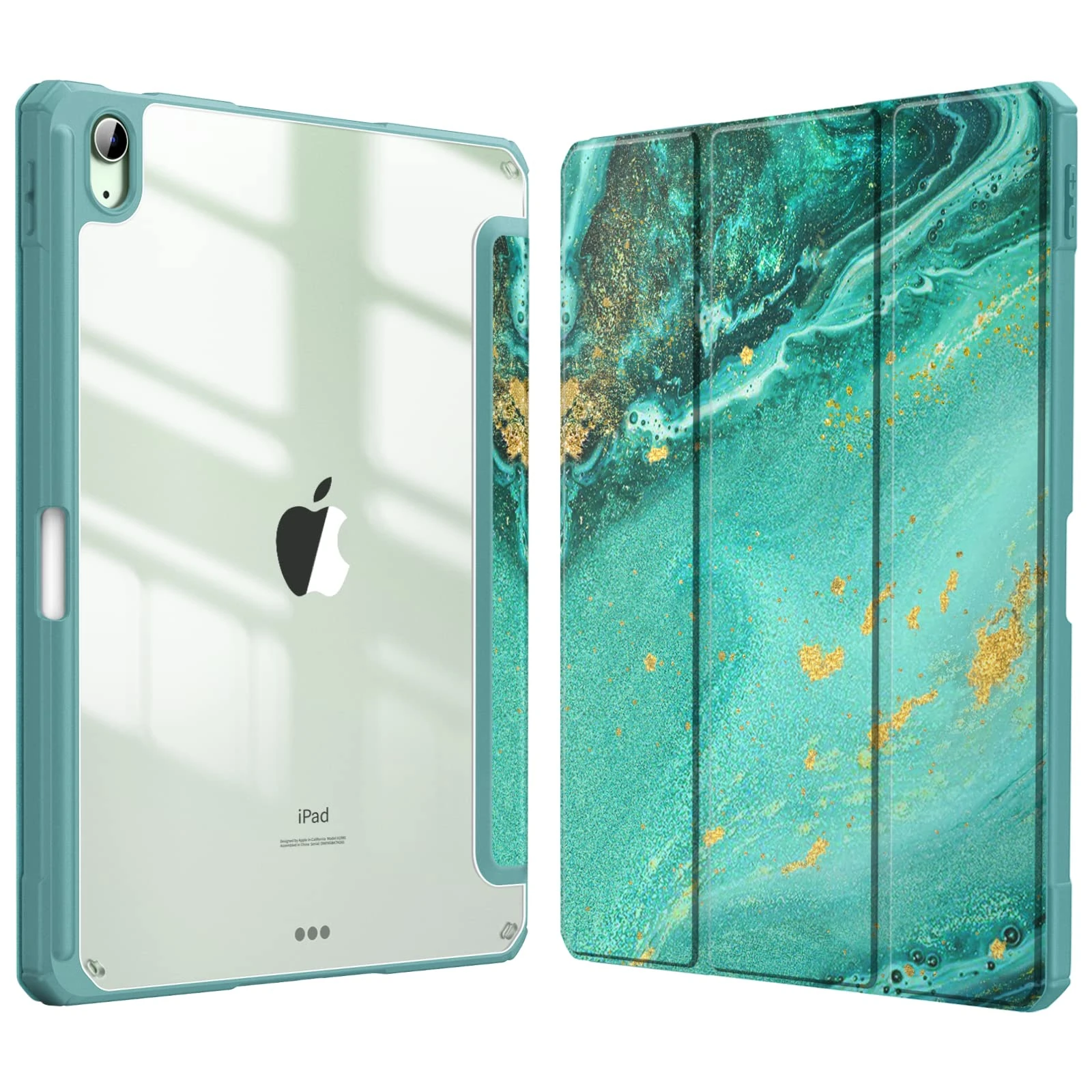 FINTIE Hybrid Case Compatible with iPad Air 5th Generation (2022) / iPad Air 4th Generation (2020) 10.9 inch - Slim Clear Back Cover with Pencil Holder, Auto Wake/Sleep, Aqua Wave