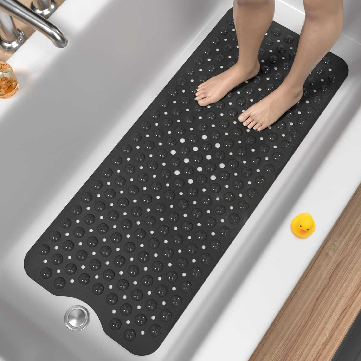 HITSLAM Non Slip Bath Mat for Tub, 101 x 40cm Extra Long Shower Mat Anti Mould, Machine Washable Bathroom Bathtub Mat with Suction Cups and Drain Holes, Soft on Feet, Clear Black