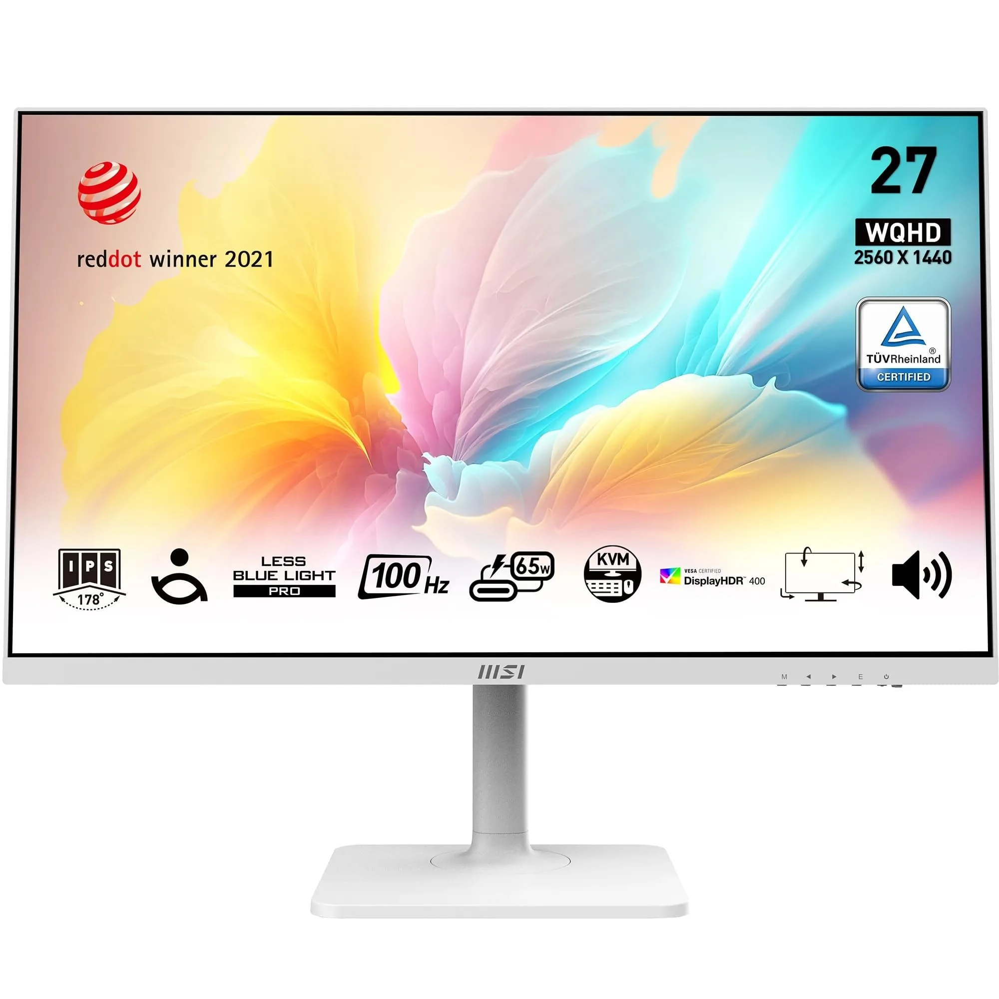 MSI Modern MD272QXPW 27 Inch WQHD Office Monitor - 2560 x 1440 IPS Panel, 100 Hz, Eye-Friendly Screen, DisplayHDR 400, Built-in Speakers, 4-Way Adjustable/ KVM - DP 1.2a, HDMI 2.0b, USB Type-C