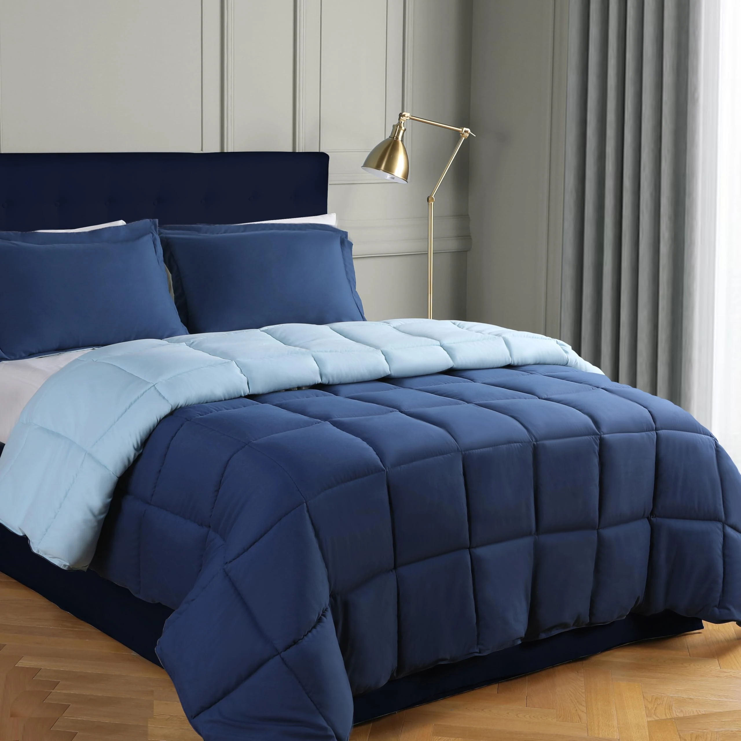 HIG 2 Pieces Navy Blue Coverless Duvet Single - 135 x 200cm - Baffle Box Design - 10.5 Tog Down Alternative Reversible Comforter with 1 Sham - Corner Duvet Tabs - Machine Washable, Warm, Soft, Fluffy