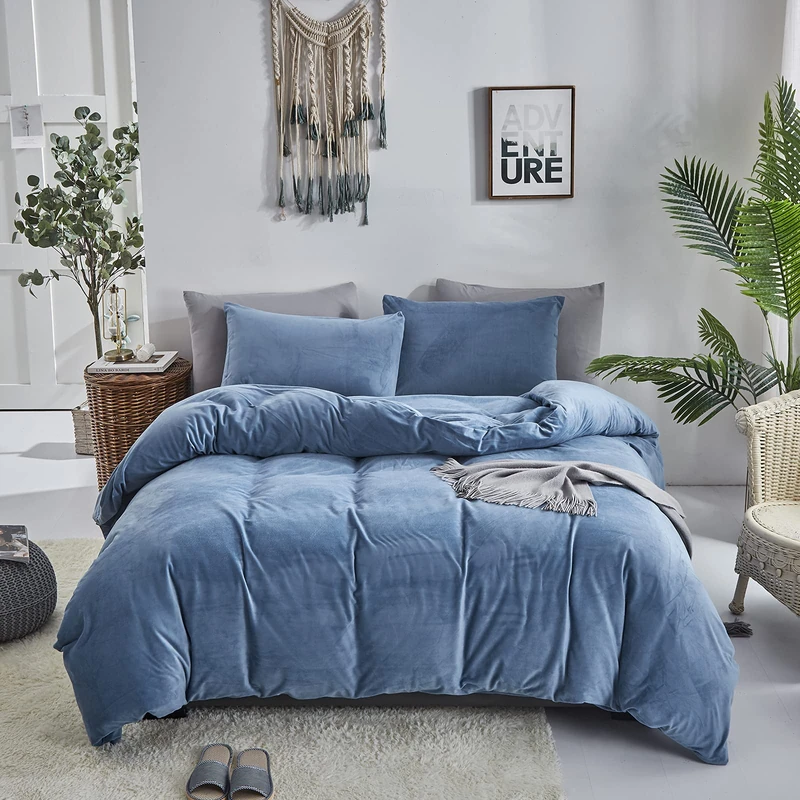 Wellboo Blue Velvet Comforter Sets Full Boys Men Lake Blue Fluffy Bedding