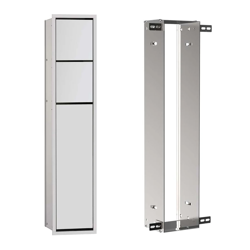EMCO ASIS 150 Flush-Mounted Cabinet Module Bathroom Cabinet Toilet Roll Holder & Toilet Brush Holder with Extra Compartment Tall Cabinet with Push to Open Function Includes Mounting Frame Silver 809 - Image 1