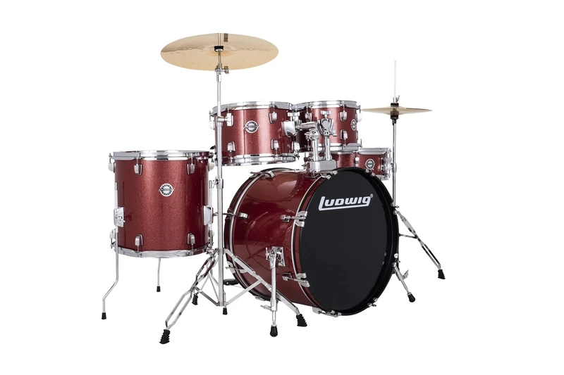 Ludwig Accent Fuse Drum Kit for Beginner to Intermediate Drummers, 5-Piece Set includes 20" Bass Drum, Hi-Hats, Crash/Ride Cymbal and Throne - Red Sparkle (LC19014DIR)