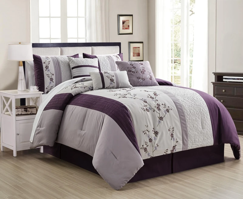 Chezmoi Collection Linnea 7-Piece Luxury Purple Lavender Gray Cherry Blossom Floral Embroidery Comforter Set, California King