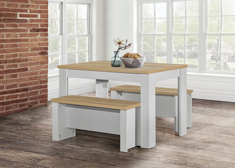 Birlea Highgate Dining Table & 2 Bench Set Kitchen Traditional Blue & Oak