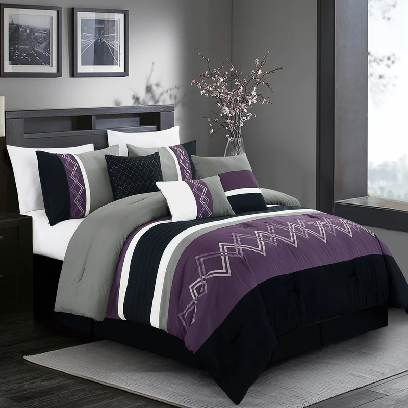 Chezmoi Collection Arden 7-Piece Modern Pleated Stripe Embroidered Zigzag Bedding Comforter Set (Full, Purple/Black/Gray/White)