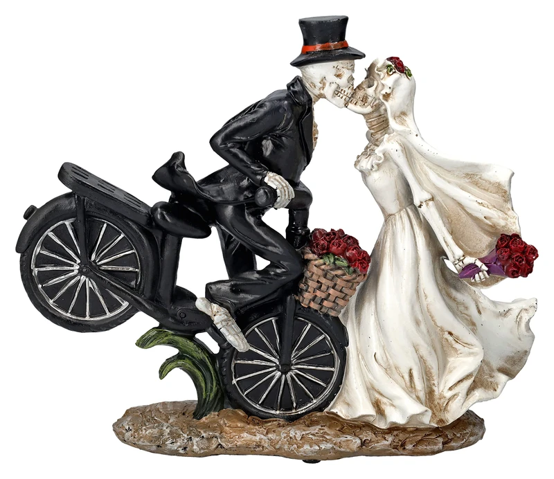 Pacific Giftware Skeleton Figurines Bride and Groom Kissing on Bicycle Funny Wedding Couple Wedding Decoration - Image 1