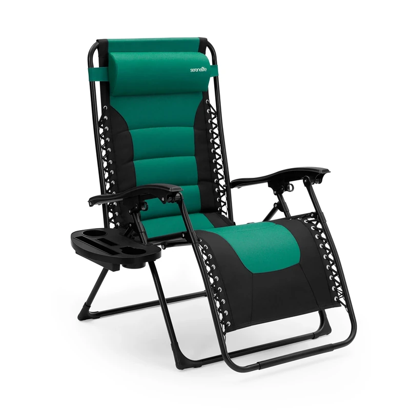 SereneLife Zero Gravity Chairs, Garden Chair, Removable Pillows & Cup Holders, Deck Chair, Soft Cushion & Headrest for Poolside/Camping, Folding Sun Loungers, Reclining Garden Chairs- Green/Black