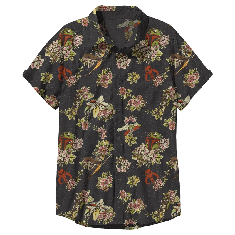 Star Wars Men's Button Down Shirt, Black Boba Fett Floral, XXL