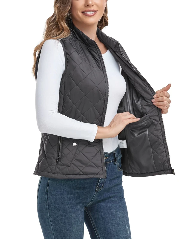 LONGKING 2024 Upgraded, Women's Outwear Vest With One Inner Pocket - Stand Collar Lightweight Zip Quilted Vest for Women…, Dark Grey, L