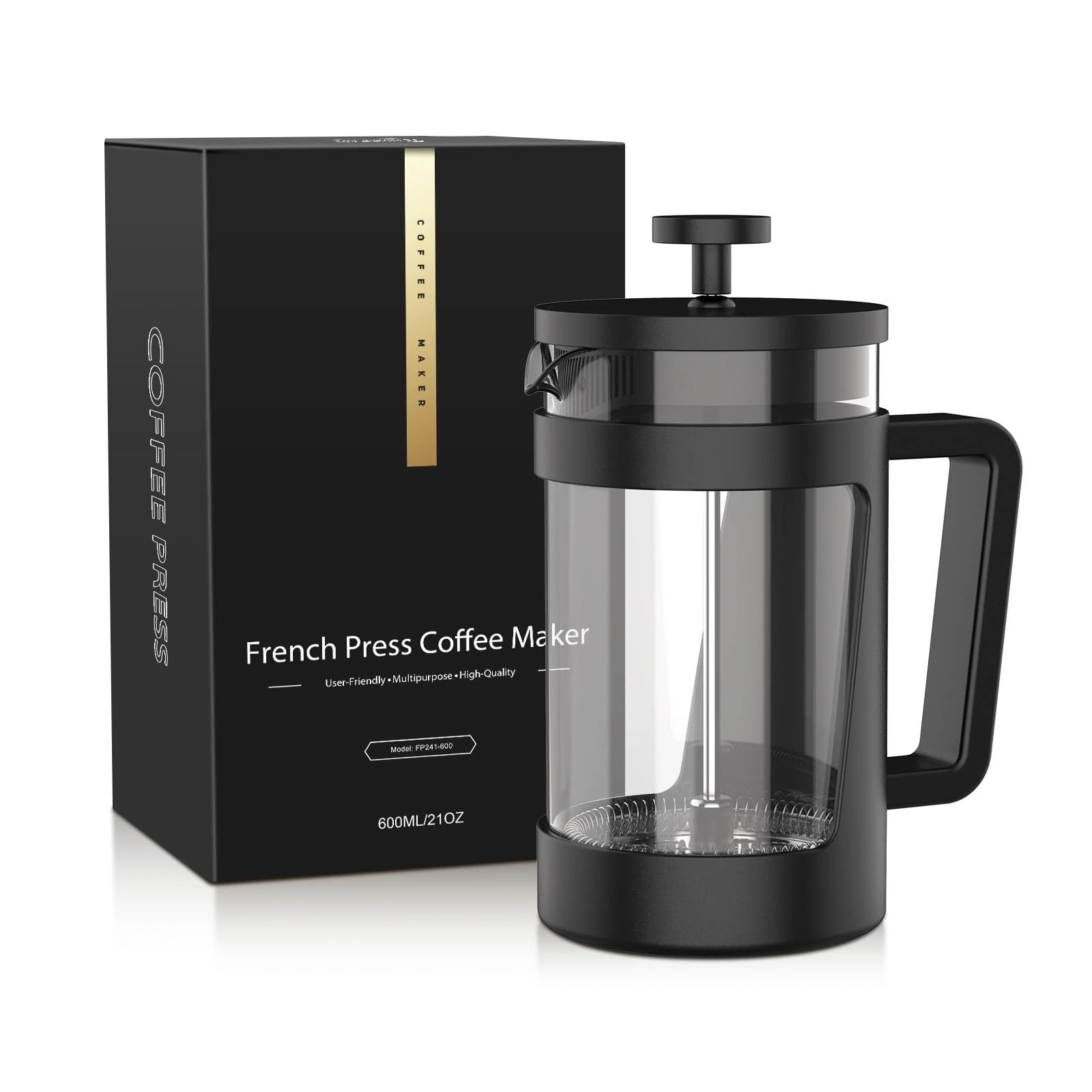 RAINBEAN French Press Coffee Maker, 4 Cup Cafetiere, Perfect for Coffee Lovers, Maximum Flavor Brewer with Stainless Steel Filter, 24 oz/600 ML