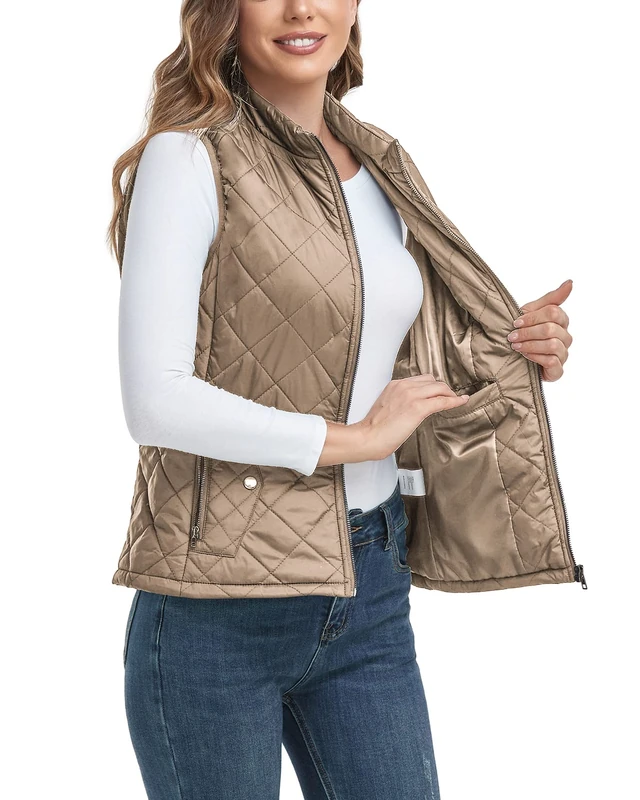 LONGKING 2024 Upgraded, Women's Outwear Vest With One Inner Pocket - Stand Collar Lightweight Zip Quilted Vest for Women…, Khaki, L