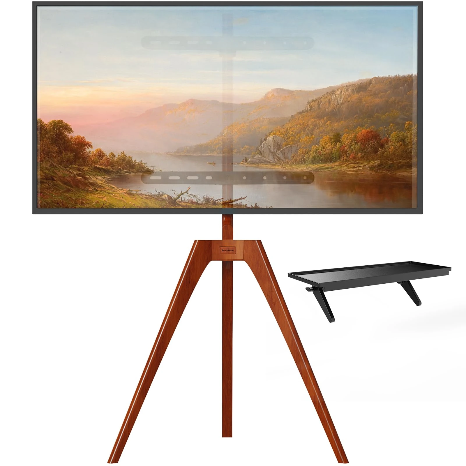 PUTORSEN Easel TV Stand Tripod for Universal TV 45-65 inch, Solid Beech Wood TV Floor Mount Stand with Media Shelf, Height Adjustable and 45 degree Swivel, Max VESA 400x400mm and load 88lbs