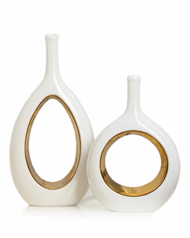 Modern Vases for Décor, Home Decorative Vases for Flowers, White Gold Vase for Shelf Décor, Table Décor, Ceramic Vase for Bookshelf, Fireplace Mantle, Centerpieces, Farmhouse,Rustic Décor,Set of 2