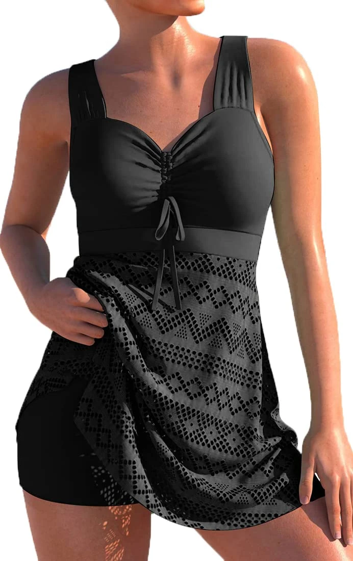 PANOZON Women 2 Piece Tankini Swimsuits Tummy Control Swimwear Beachwear Plus Size Bathing Suit Black M