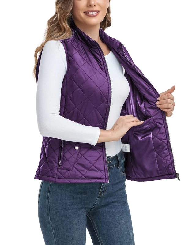 LONGKING 2024 Upgraded, Women's Outwear Vest With One Inner Pocket - Stand Collar Lightweight Zip Quilted Vest for Women…, Purple, M