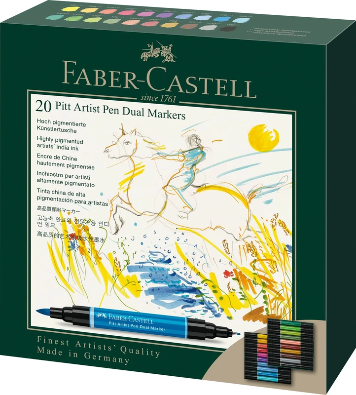 Faber-Castell Art & Graphic Pitt Artist Pen Dual Marker India Ink, Multicoloured, Wallet Of 20, For Art, Craft, Drawing, Sketching, Home, School, University, Colouring