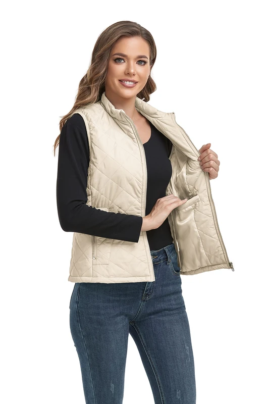 LONGKING Women's Outwear Quilted Gilet, NEW Upgraded Women's Outwear Vest With One Inner Pocket - Stand Collar Lightweight Zip Quilted Vest for Women