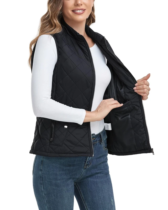 LONGKING Women's Outwear Quilted Gilet, NEW Upgraded Women's Outwear Vest With One Inner Pocket - Stand Collar Lightweight Zip Quilted Vest for Women
