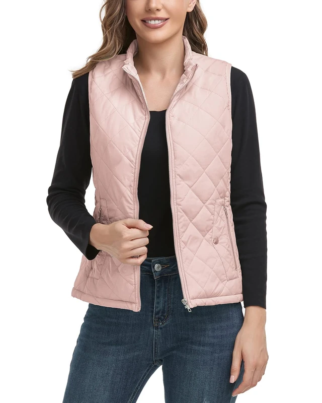 LONGKING 2023 Upgraded, Outwear Vest With One Inner Pocket - Stand Collar Lightweight Zip Quilted Vest, Apricot Pink, S (LKT2ATP-S)