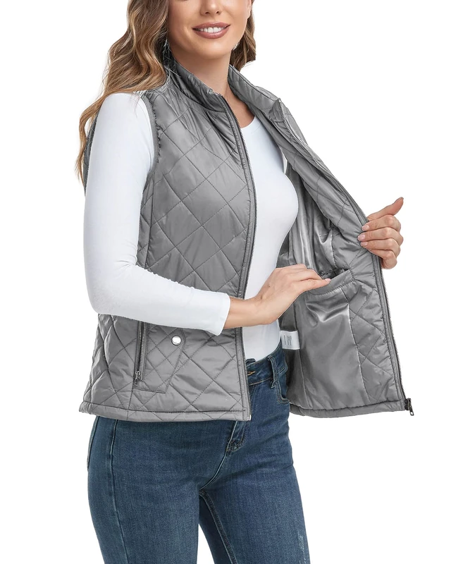 LONGKING 2024 Upgraded, Women's Outwear Vest With One Inner Pocket - Stand Collar Lightweight Zip Quilted Vest for Women…, Grey, M