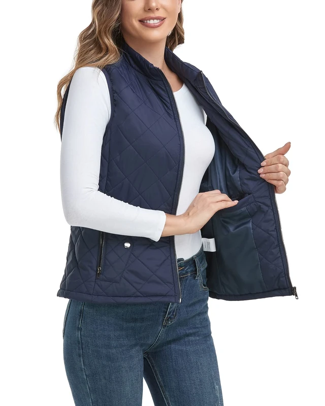 LONGKING 2024 Upgraded, Women's Outwear Vest With One Inner Pocket - Stand Collar Lightweight Zip Quilted Vest for Women…, Dark Blue, S