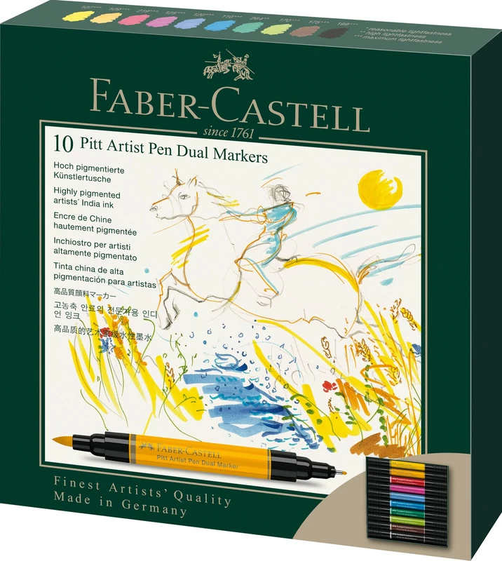 Faber-Castell Art & Graphic Pitt Artist Pen Dual Marker India Ink, Multicoloured, Wallet Of 10, For Art, Craft, Drawing, Sketching, Home, School, University, Colouring