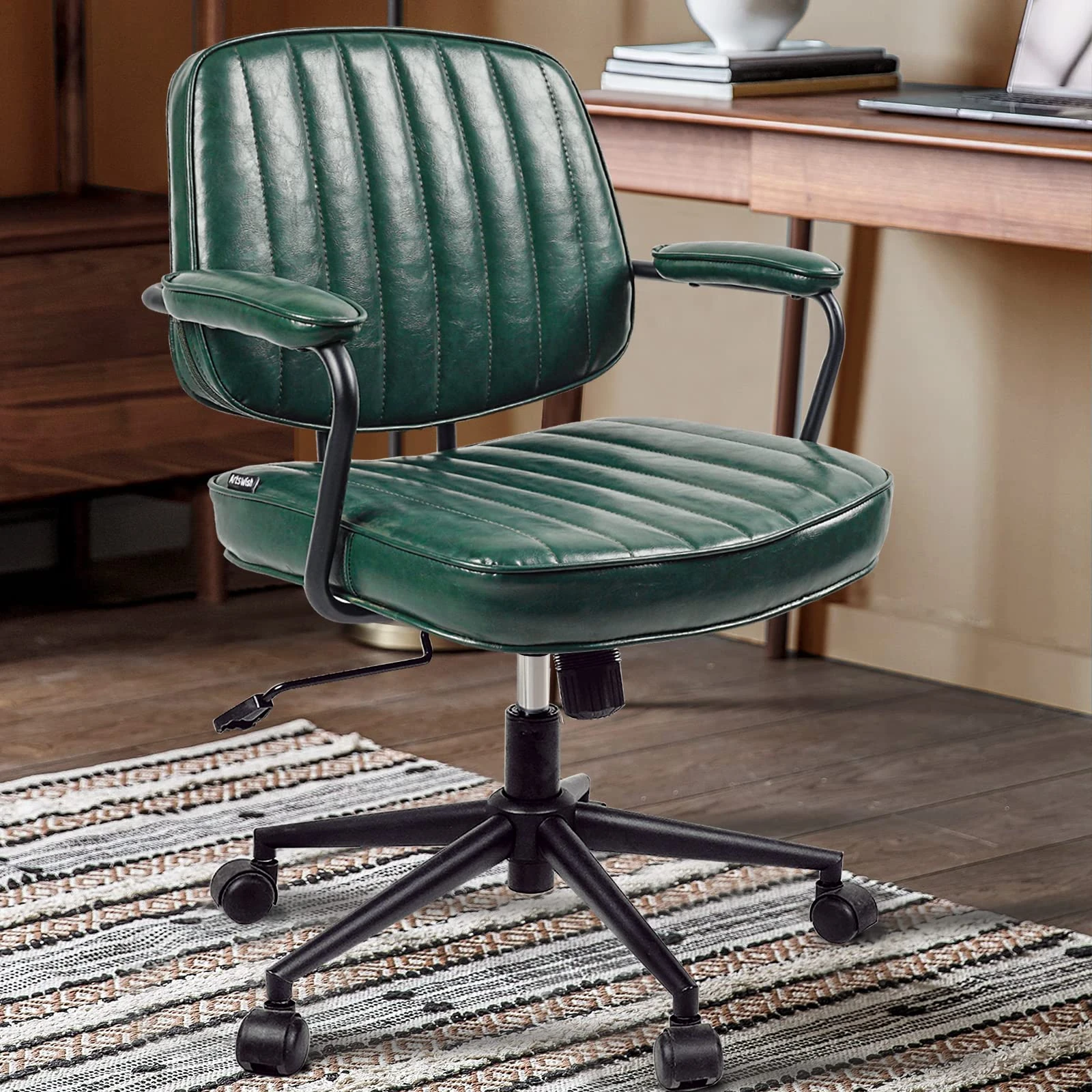 Artswish Mid Century Leather Office Chair, Green Desk Chair for Home Office, Office Chair with Wheels and Arms