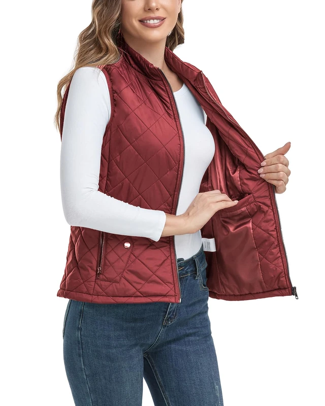 LONGKING Women's Outwear Quilted Gilet, NEW Upgraded Women's Outwear Vest With One Inner Pocket - Stand Collar Lightweight Zip Quilted Vest for Women