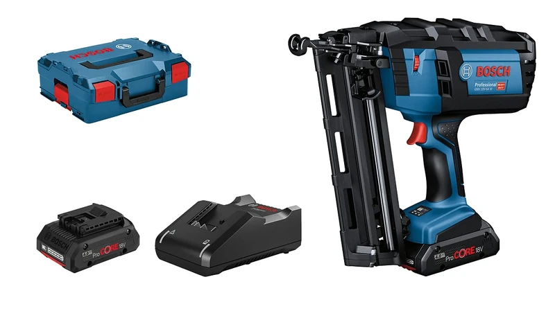 Bosch Professional 18V System GNH 18V-64 M Cordless Nailer (Nail Diameter 1.6 mm, Max. Nail Length 64, 2X ProCORE18V 4.0Ah Battery, GAL 18V-40, in L-BOXX 136), Blue, mit 2X 4.0 Ah Akkus + Ladegerät