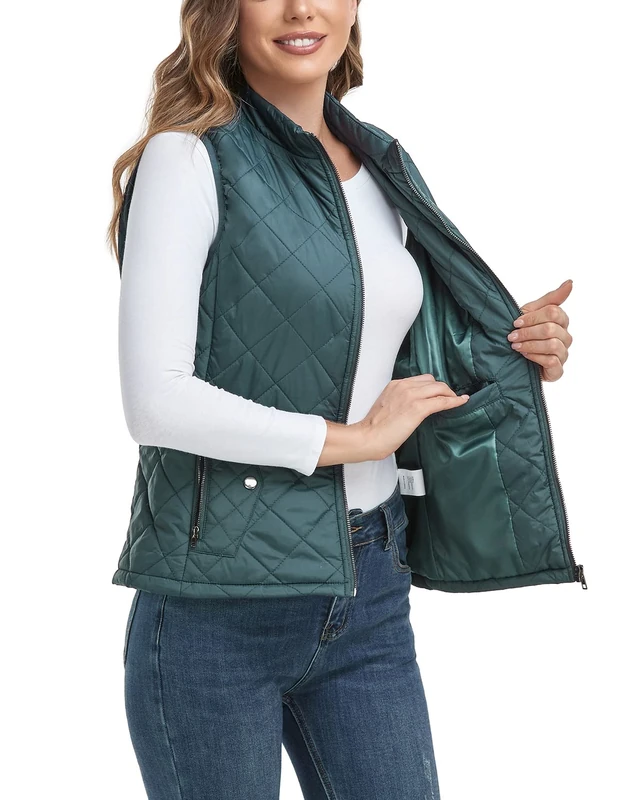LONGKING Women's Outwear Quilted Gilet, NEW Upgraded Women's Outwear Vest With One Inner Pocket - Stand Collar Lightweight Zip Quilted Vest for Women