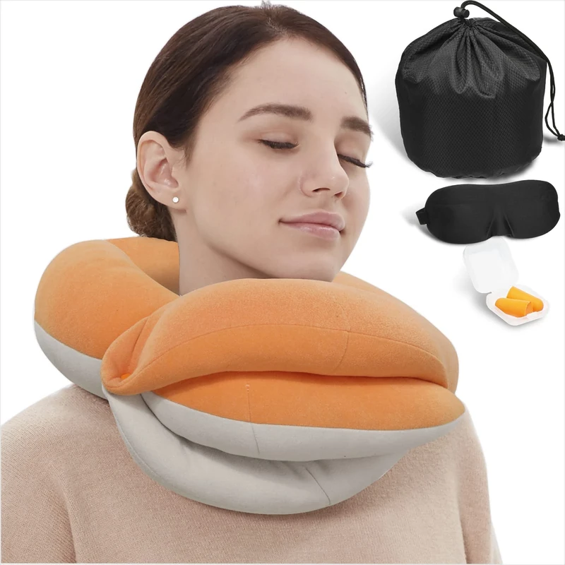 BUYUE Travel Neck Pillows for Airplanes, 360° Head Support Sleep for Long Flight, Skin-Friendly & Breathable, Kit with 3D Contoured Eye Mask, Earplugs and Storage Bag (Adult, Orange, 100+ lbs)