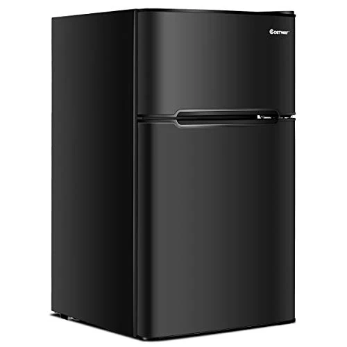 COSTWAY 90L Freestanding Undercounter Refrigerator, 2 Reversible Door Standard Mini Fridge Freezer with Adjustable Thermostat, Removable Glass Shelves, LED Light for Dorm Apartment Office (Black)