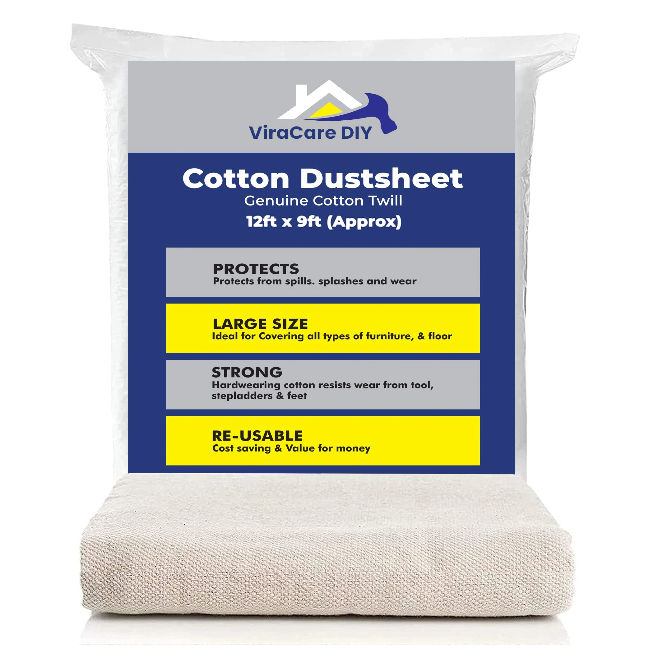 2 x Cotton Dust Sheets 12'x9' (3.6mx2.7m) for Painting & Decorating | Paint Sheets | Drop Cloth | Painting & Paint Cover Sheets | Dust Sheets for Furniture | Washable and Reusable | (2)