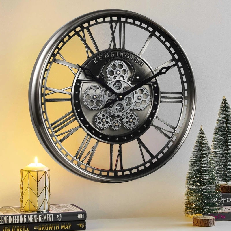 CLXEAST Real Moving Gears Wall Clock Modern,Roman Numerals,Gunmetal Gray (53.5cm)
