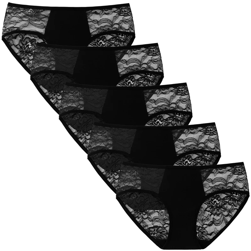 INNERSY Ladies Black Knickers Sexy Lace Underwear for Women Comfy Cotton Midi Briefs Packs of 5 (12, 5 Black)