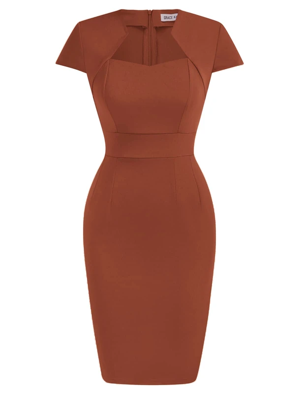 GRACE KARIN Women's 50s Vintage Pencil Dress Cap Sleeve Wiggle Dress CL7597, Caramel, Large