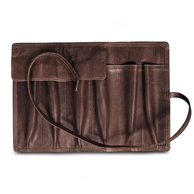 Leather Fountain Pen Case (Holds 6 Pens) - Handcrafted Fountain Pen Pouch w/Sturdy Strap & Fold Over Flap - Secured Wrap Leather Pouch with Two-Open End Pockets for Over-Sized or Extra-Long Pens