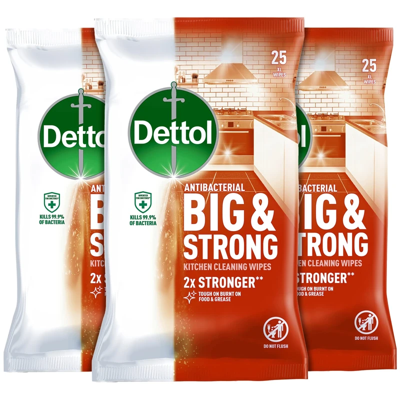 Dettol Antibacterial Biodegradable Kitchen Wipes, Pack of 3, Big & Strong, 25 Count Each, Eco-Friendly Surface Cleaner, Ideal for Hygienic Home Care, Effective Germ Protection